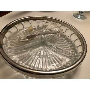 LEONARD Of ITALY Lead Crystal 3 Section Candy Dish Silver Plate Rim 9" 3 Spoons